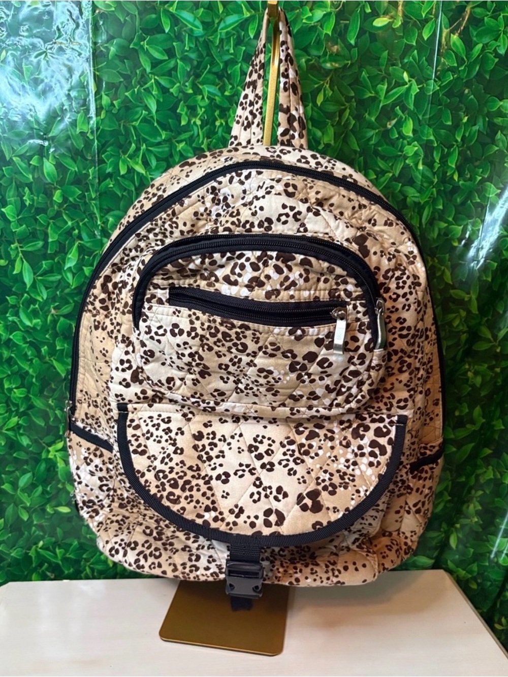 Leopard Print Quilted Backpack - Beige/Cream